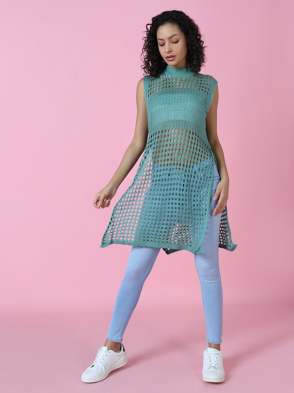 Women's Sea Green Sheer Crochet Longline Top