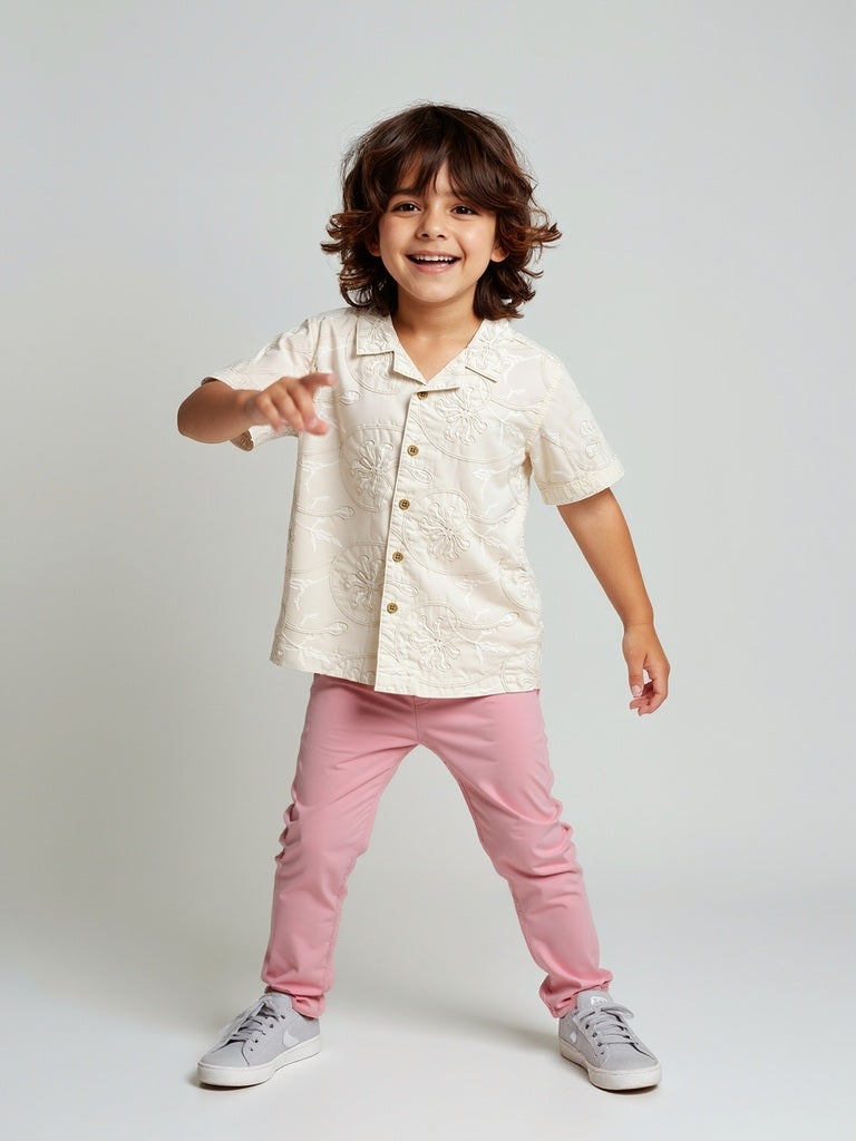 HOP Kids Beige Embroidered Cotton Shirt