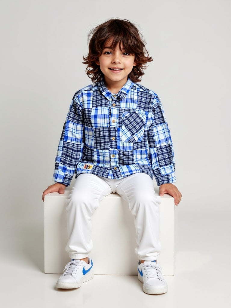 HOP Kids Blue Checks Pattern Cotton Shirt