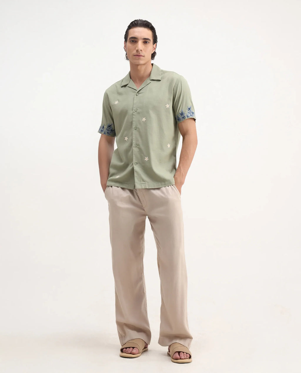 Rare Rabbit Men's Aria Olive Viscose Embroidered Boxy Fit Half Sleeve Cuban Collar Shirt