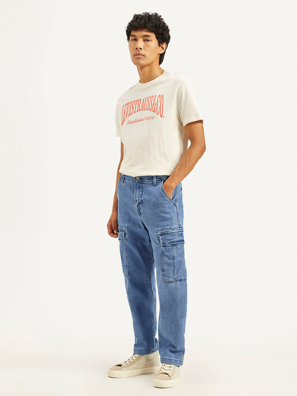 Men's Blue Straight Fit Mid Rise Cargo Jeans