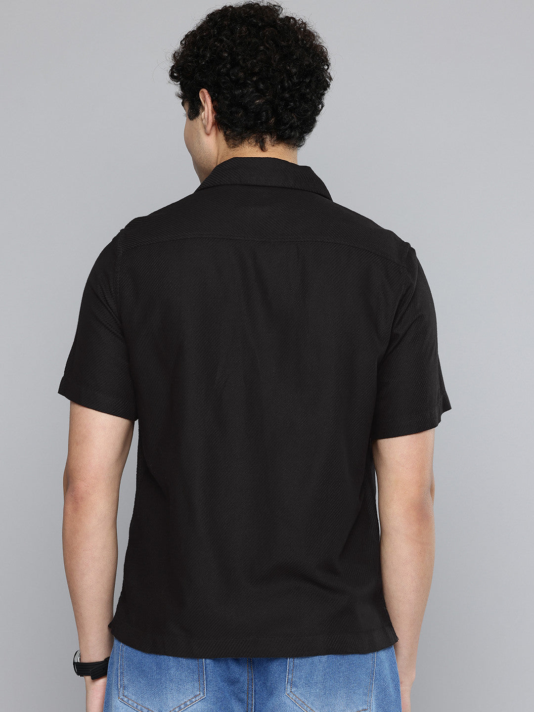 Men's Solid Black Spread Collar Shirt