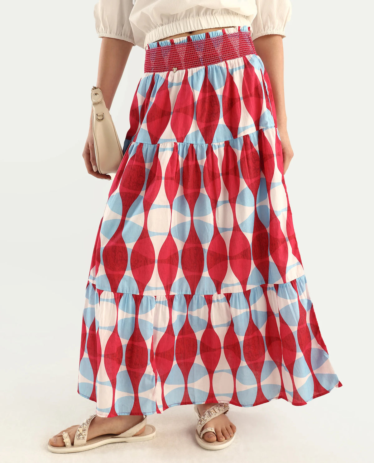Rareism Women's Naybert Multi Cotton Geometric Print Ankle Length Flared Skirt