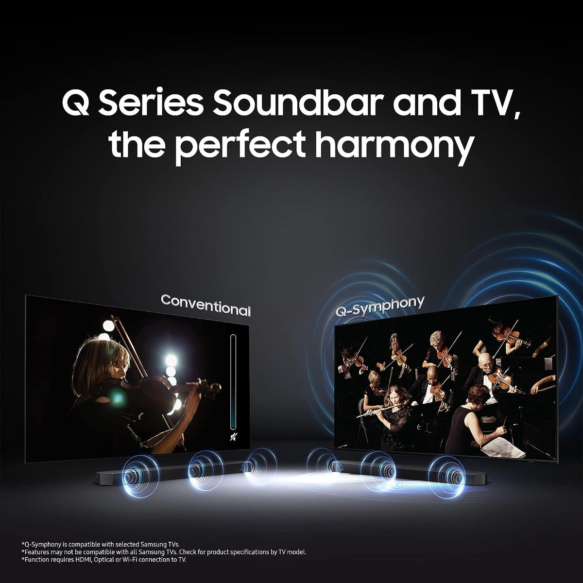 Samsung Q-Symphony Soundbar (HW-Q600B/XL), USB, Bluetooth with 3.1.2 Channel, Wireless Subwoofer, and 2 Up-Firing Speakers, Dolby Atmos Music (Black)
