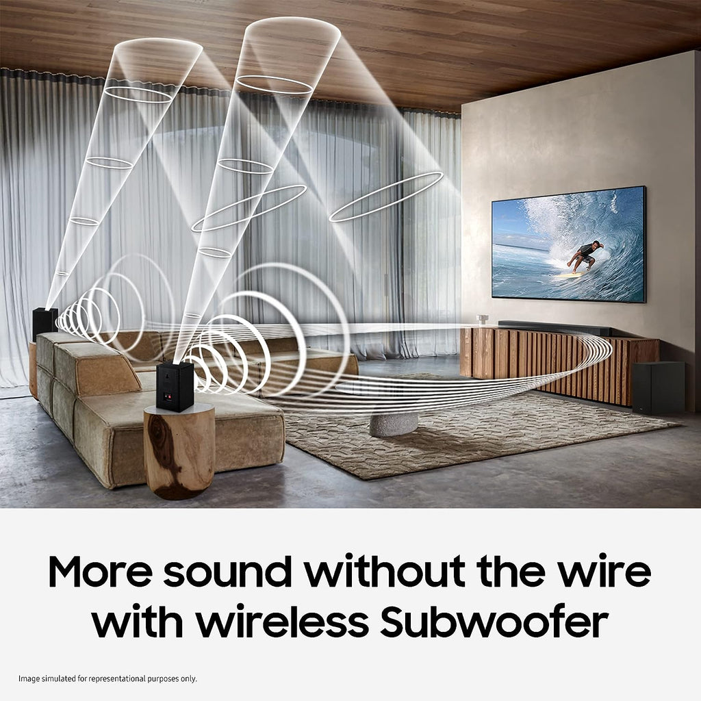 Samsung Q-Symphony Soundbar (HW-Q600B/XL), USB, Bluetooth with 3.1.2 Channel, Wireless Subwoofer, and 2 Up-Firing Speakers, Dolby Atmos Music (Black)