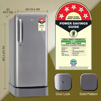 LG 185 L Direct Cool Single Door Refrigerator Shiny Steel, GL-D201APZU
