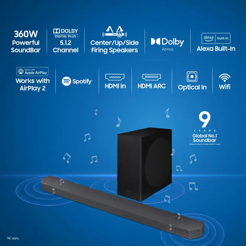 Samsung 360 W 5.1.2ch (HW-Q800C/XL) Q-Symphony Soundbar with Wireless Subwoofer, Top/Centre/Side Firing Speakers, Wide Range Tweeter, Dolby Atmos, Built-in Alexa, AirPlay2, Wi-Fi (Black)