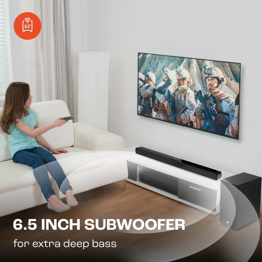 JBL Cinema SB190 Deep Bass, Dolby Atmos Soundbar with Wireless Subwoofer for Extra Deep Bass, 2.1 Channel with Remote, Sound Mode for Voice Clarity, HDMI eARC, Bluetooth & Optical Connectivity (380W)