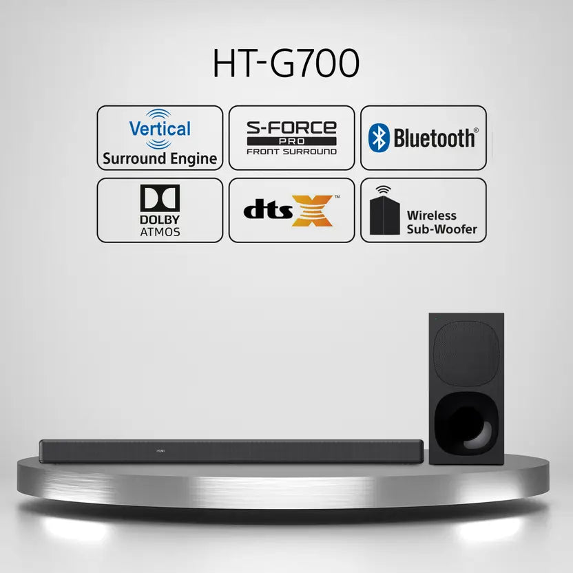 Sony HT-G700 3.1ch 4K Dolby Atmos/DTS:X Soundbar for TV with Wireless subwoofer, 3.1ch Home Theater System (400W, Surround Sound,Bluetooth Connectivity, HDMI & Optical Connectivity, 4k HDR) - Black