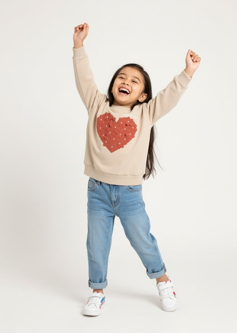 HOP Kids Beige Heart Design Cotton-Blend Sweatshirt