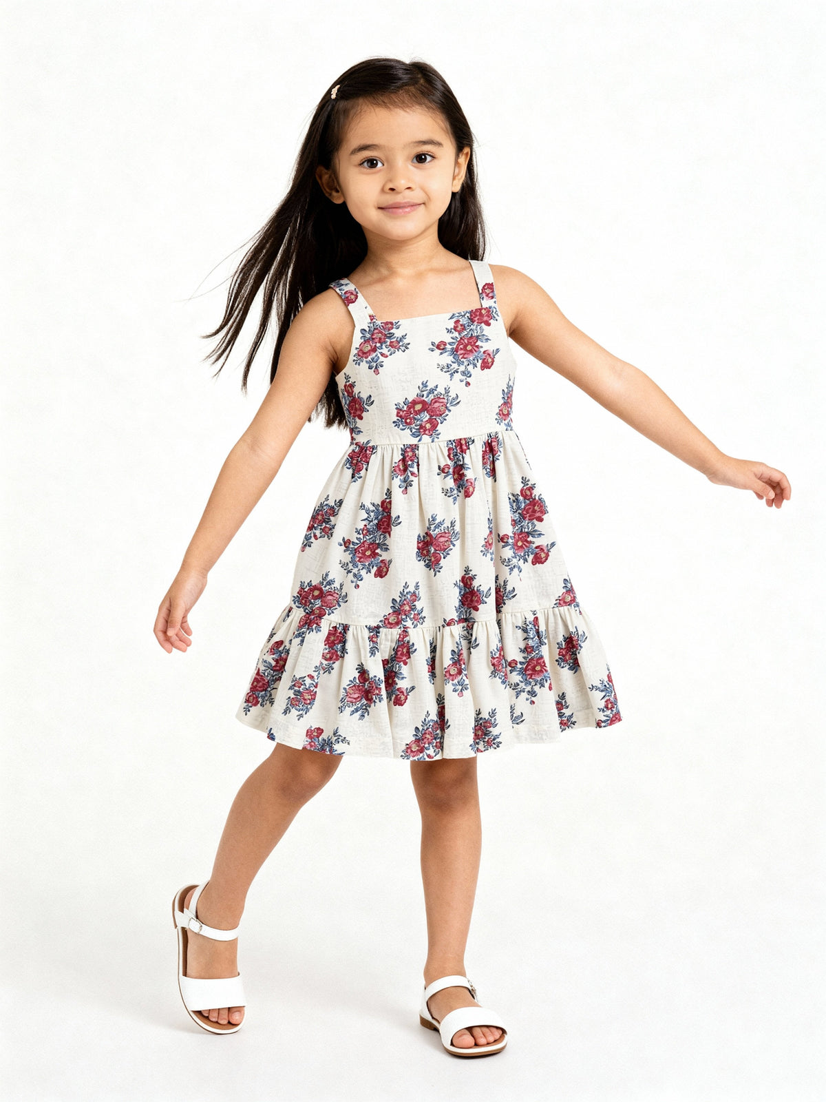 Utsa Kids Off-White Floral Design Cotton-Blend Tiered Dress - (2-8yrs)