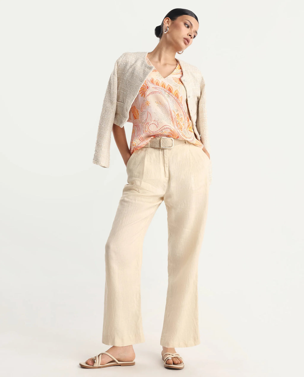 Rareism Women's Vigeveno Light Multi Cotton V-Neck Paisley Print Puff Sleeves Regular Fit Top