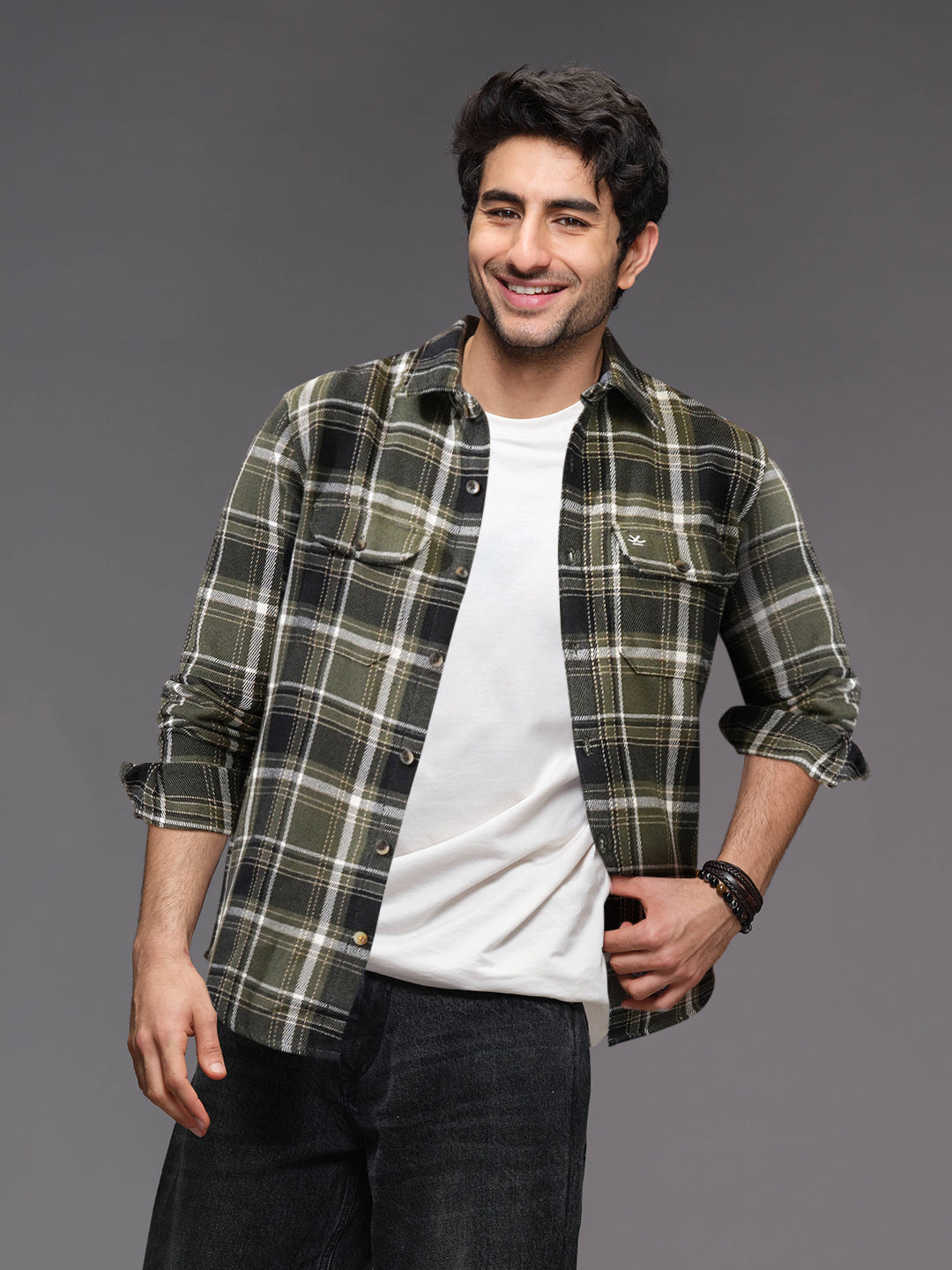 Double Pocket Checked Shirt | Olive