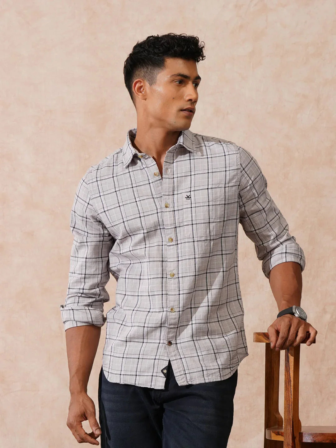 Textured Tonal Check Shirt | Khaki