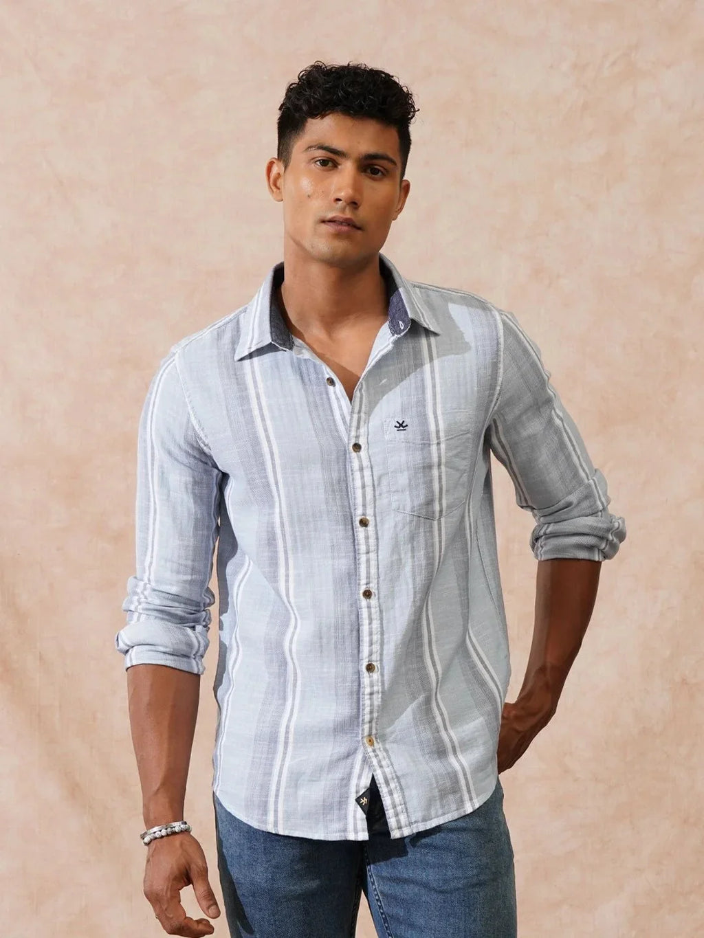 Casual Striped Herringbone Shirt | Light Blue