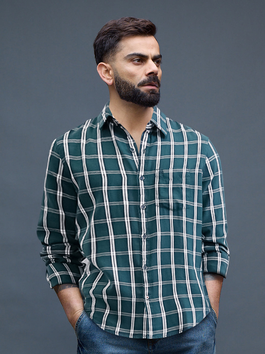 Textured Cotton Dobby Check Shirt  | Green