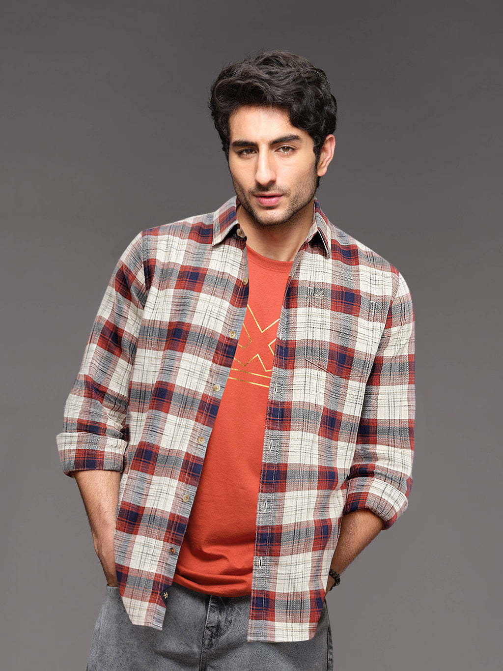 Space Dyed Check Shirt In Slim Fit | Rust
