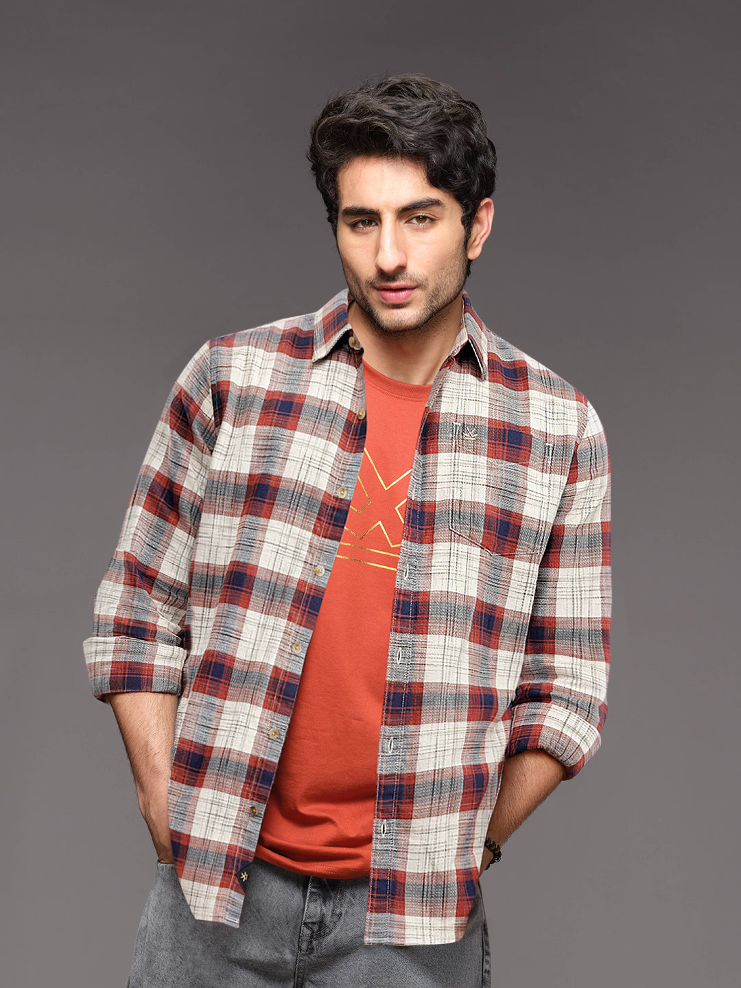 Space Dyed Check Shirt In Slim Fit | Rust